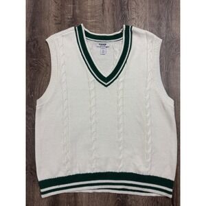 RSQ Mens XXL Cable Knit Sweater Vest Cream Green Striped V-Neck Preppy Varsity